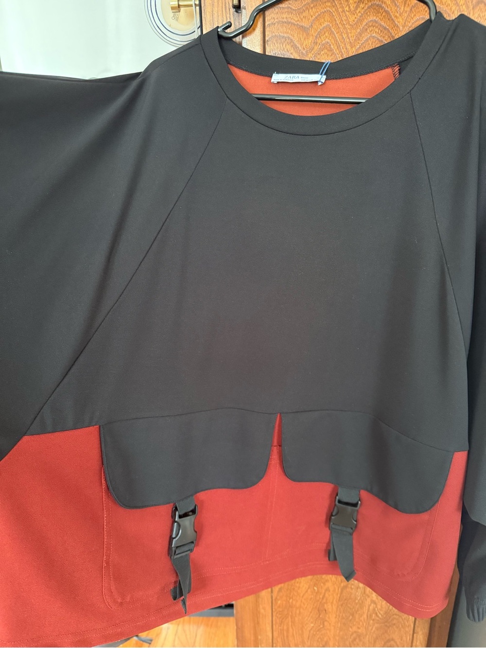 Zara Black and Rust Colorblock Buckle Sweatshirt